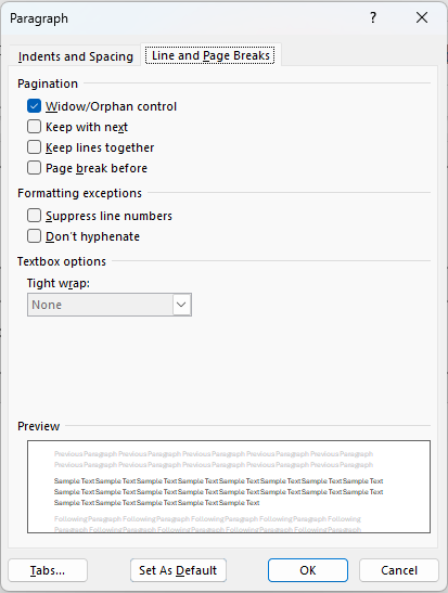 Paragraph Options Line and Page Breaks